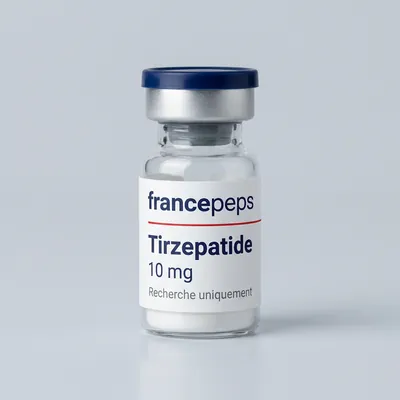 Flacon Tirzépatide 10 mg FrancePeps, usage de recherche