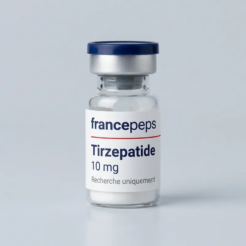 Flacon Tirzépatide 10 mg FrancePeps, usage de recherche
